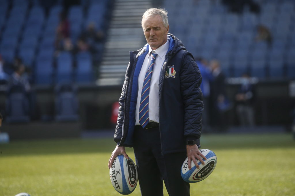 epa09819040 Italy's head coach Kieran Crowley looks on during warm-up before the Six Nations rugby union tournament match between Italy and Scotland at the Stadio Olimpico in Rome, Italy, 12 March 2022.