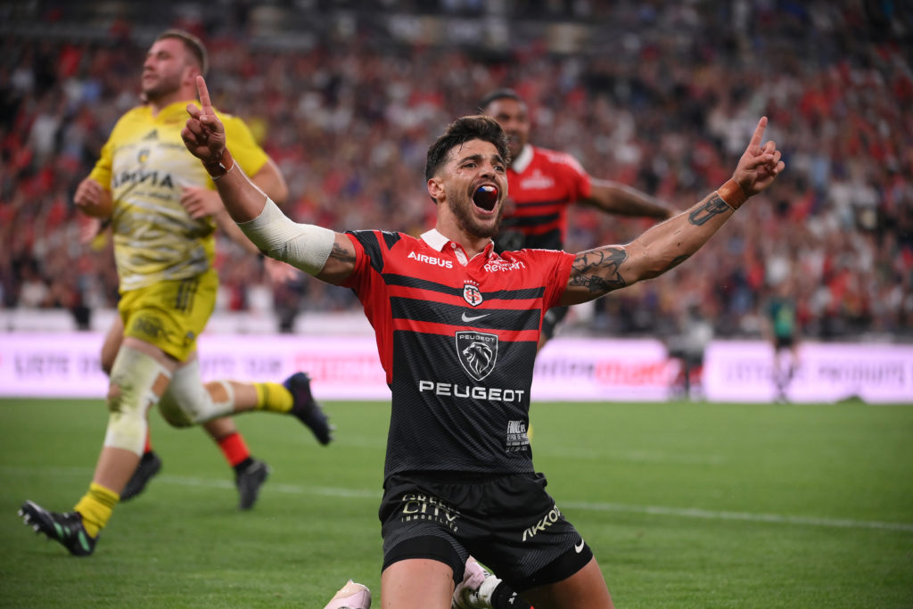 Toulouse's French fly-half Romain Ntamack celebrates after scoring a try during the French Top14 rugby union final match between Stade Toulousain Rugby (Toulouse) and Stade Rochelais (La Rochelle) at the Stade de France in Saint-Denis, in the northern outskirts of Paris, on June 17, 2023.