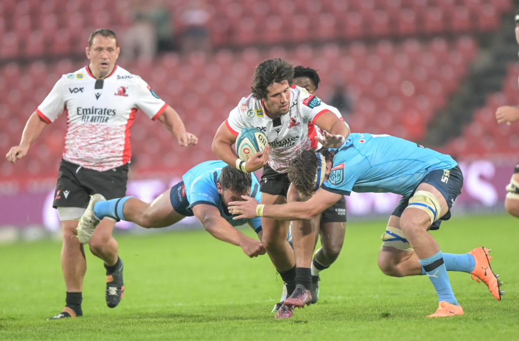 Zander du Plessis of the Emirates Lions and Ruan Nortje of The Vodacom Bulls during the United Rugby Championship 2022/23 match between Emirates Lions and Vodacom Bulls held at Emirates Airline Park in Johannesburg, South Africa on 17 September 2022 Photo: