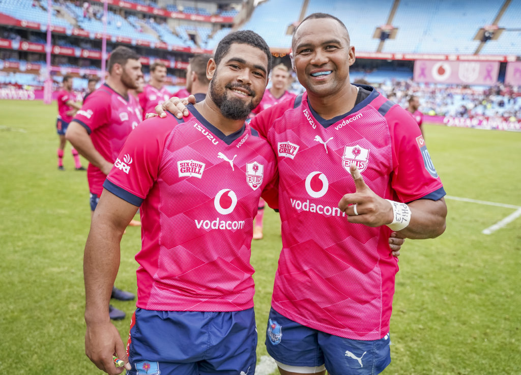 Coral Hendricks of the Vodacom Bulls and Stravino Jacobs of the Vodacom Bulls during the United Rugby Championship 2022/23 match between the Bulls and Sharks held at Loftus Versfeld in Pretoria on 30 October 2022