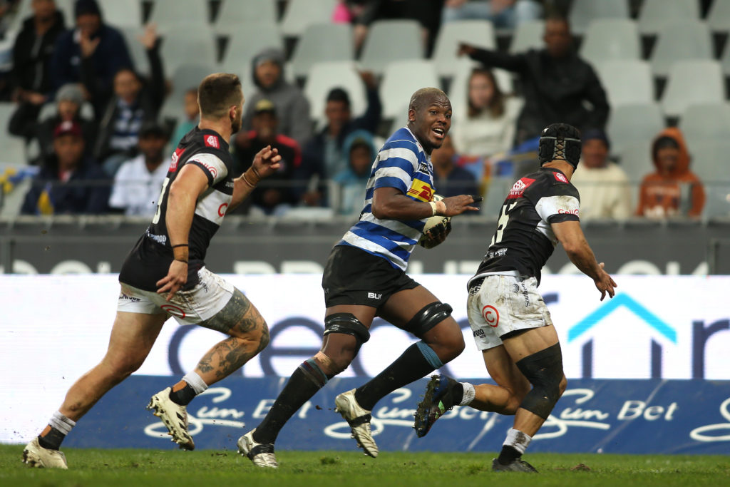 Hacjivah Dayimani of Western Province attempts to get past Thaakir Abrahams of the Sharks during the 2023 Currie Cup match between Western Province and Sharks held at Cape Town Stadium in Cape Town on 10 June 2023
