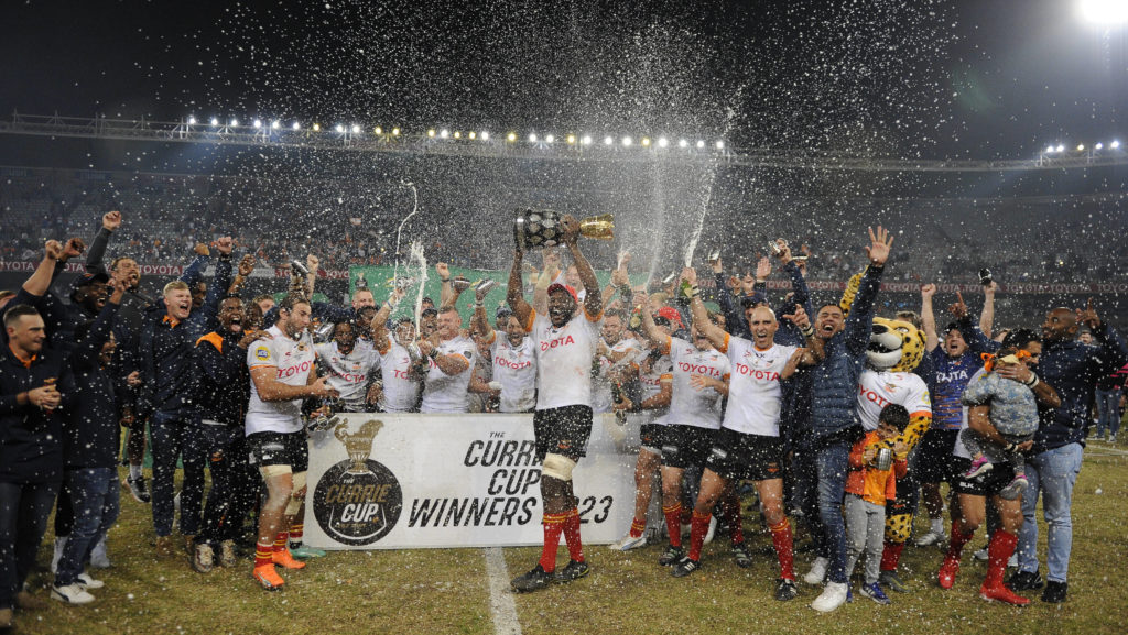Toyota Cheetahs celebrating during the 2023 Currie Cup Final between the Cheetahs and the Pumas at Toyota Stadium in Bloemfontein, Free State on 24 June 2023 © Charle Lombard/BackpagePix