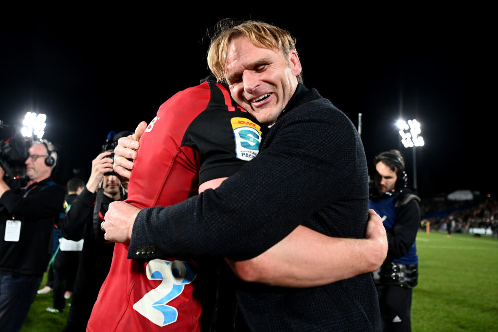 Scott Robertson celebrates after winning the 2023 Super Rugby Pacific final