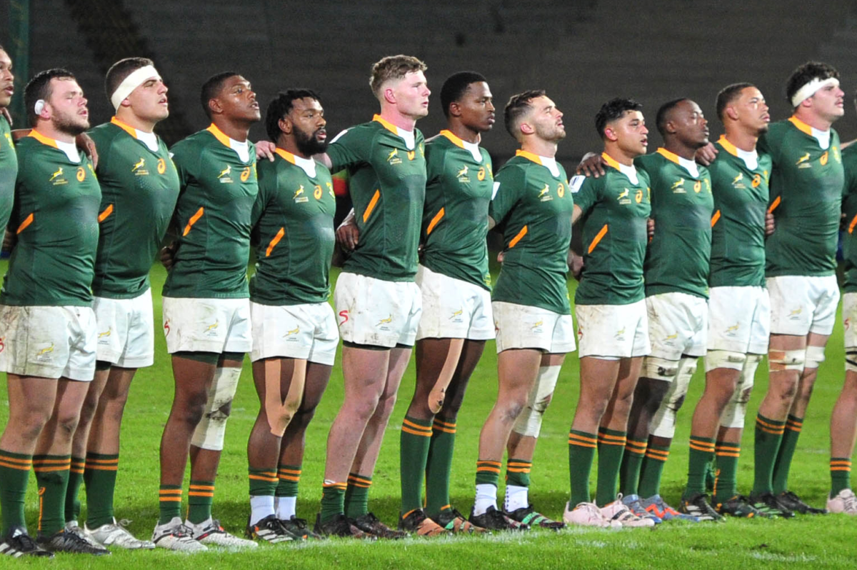 South Africa squad prepare to sing anthem before the 2023 World Rugby U20 Championship game between South Africa and Georgia at Danie CravenStadium in Stellenbosch, South Africa on 24 June 2023 © Ryan Wilkisky/BackpagePix