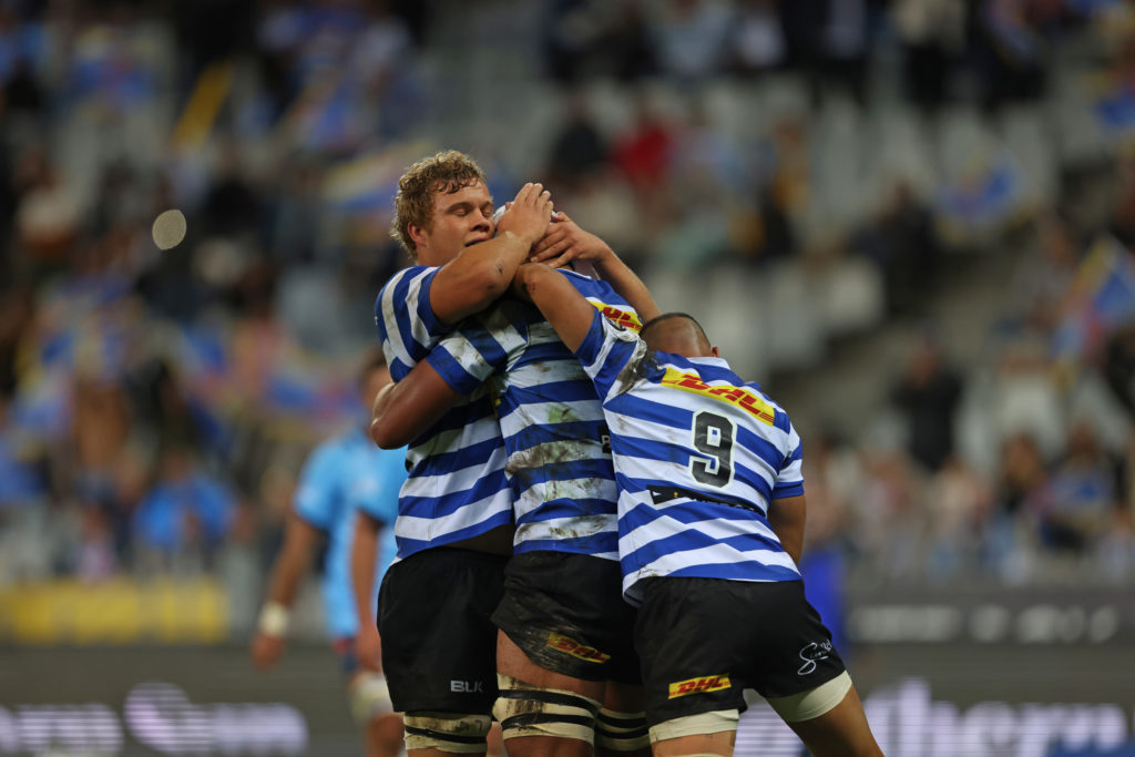 CAPE TOWN, SOUTH AFRICA - APRIL 29: Dylan de Leeuw of Western Province celebrates his try during the Currie Cup, Premier Division match between DHL Western Province and Vodacom Bulls at DHL Stadium on April 29, 2023 in Cape Town, South Africa.