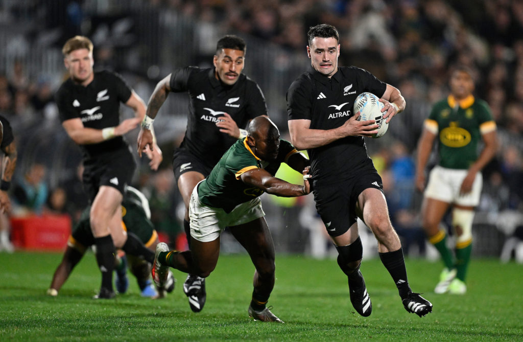 Will Jordan of New Zealand during the Rugby Championship test match, New Zealand All Blacks versus South Africa Springboks at Mt Smart Stadium In Auckland, New Zealand on Saturday 15 July 2023.