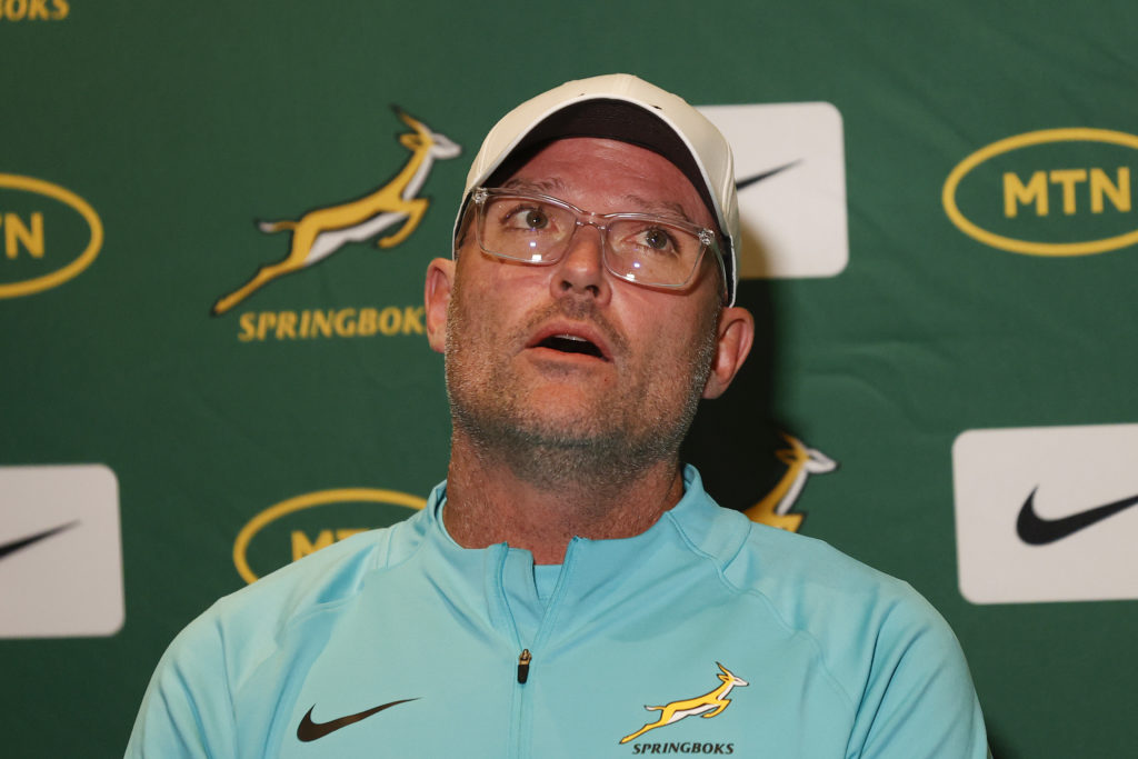 South Africa's Springboks head coach Jacques Nienaber conducts a press conference at the Southern Sun Hotel in Pretoria on June 14, 2023 ahead of the upcoming Rugby Championship in July, 2023.