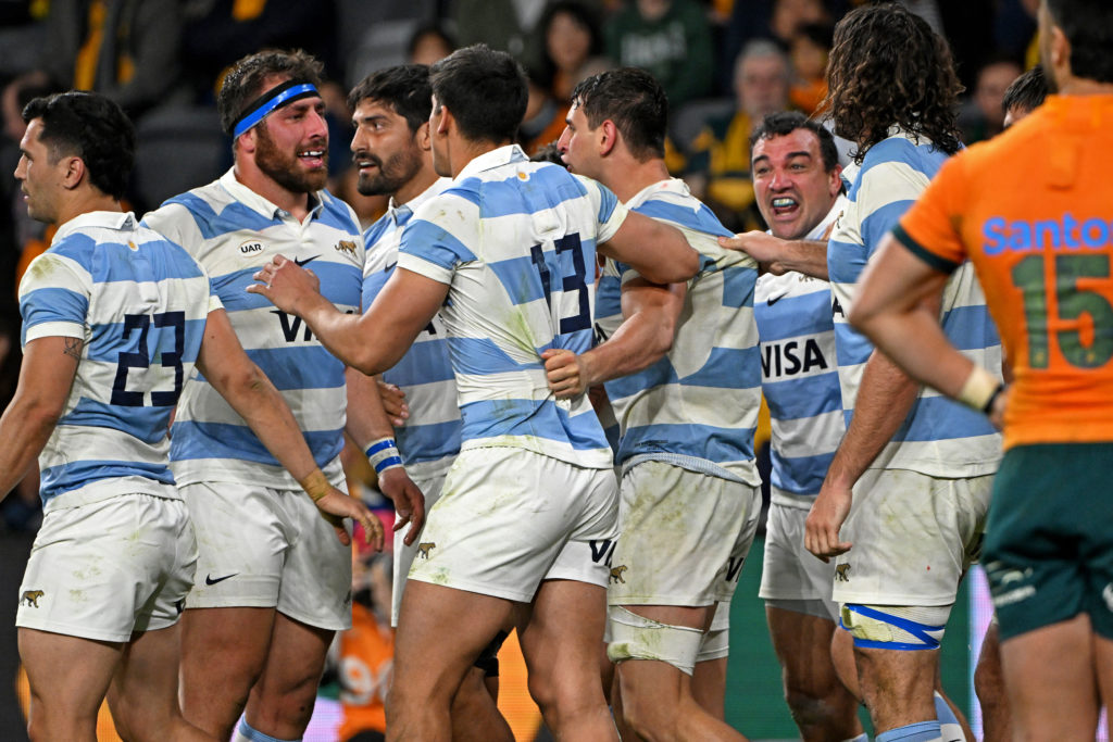 Argentina's Juan Martín González (5R) celebrates his try with teammates during the Rugby Championship match between Argentina and Australia at Commbank Stadium in Sydney on July 15, 2023.