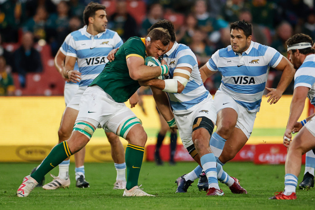 South Africa's number eight Duane Vermeulen (2ndL) runs with the ball during the Rugby Championship final-round match between South Africa and Argentina at Ellis Park in Johannesburg on July 29, 2023.
