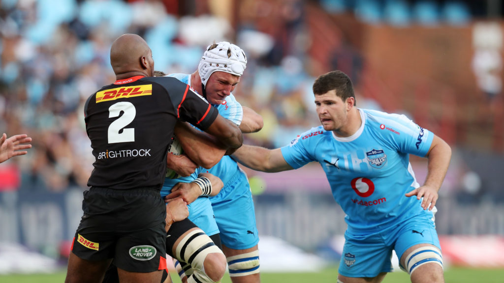Hendre Stassen of the Bulls challenged by Ramone Samuels of the Stormers during the 2018 Super Rugby match between Bulls and Stormers at Loftus Versveld Stadium, Pretoria on 31 March 2018