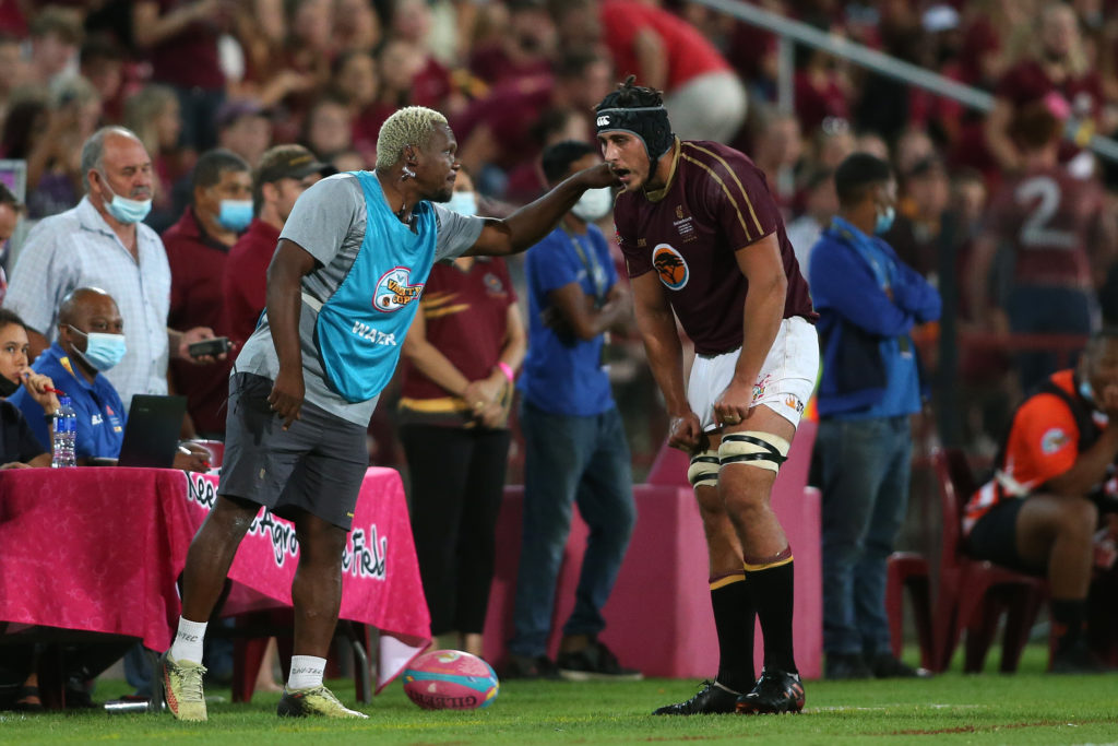 Maties assistant coach Kabamba Floors issues instructions to Juan Beukes of Maties during the 2022 Varsity Cup match between Maties and UJ held at Danie Craven Stadium in Stellenbosch on 07 March 2022