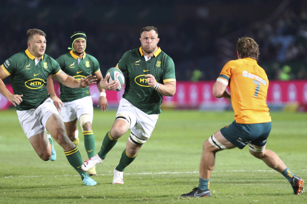 Duane Vermeulen of South Africa goes intom tackle with Michael Hooper of Australia during the 2023 Rugby Championship between South Africa and Australia at Loftus Stadium, Pretoria on 08 July 2023