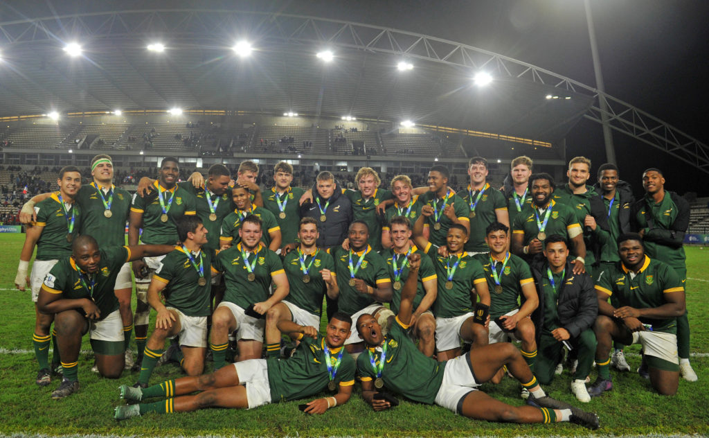 South Africa celebrate win over England and third place after the 2023 World Rugby U20 Championship 3rd/4th playoff game between South Africa and England at Athlone Stadium in Cape Town, South Africa on 14 July 2023