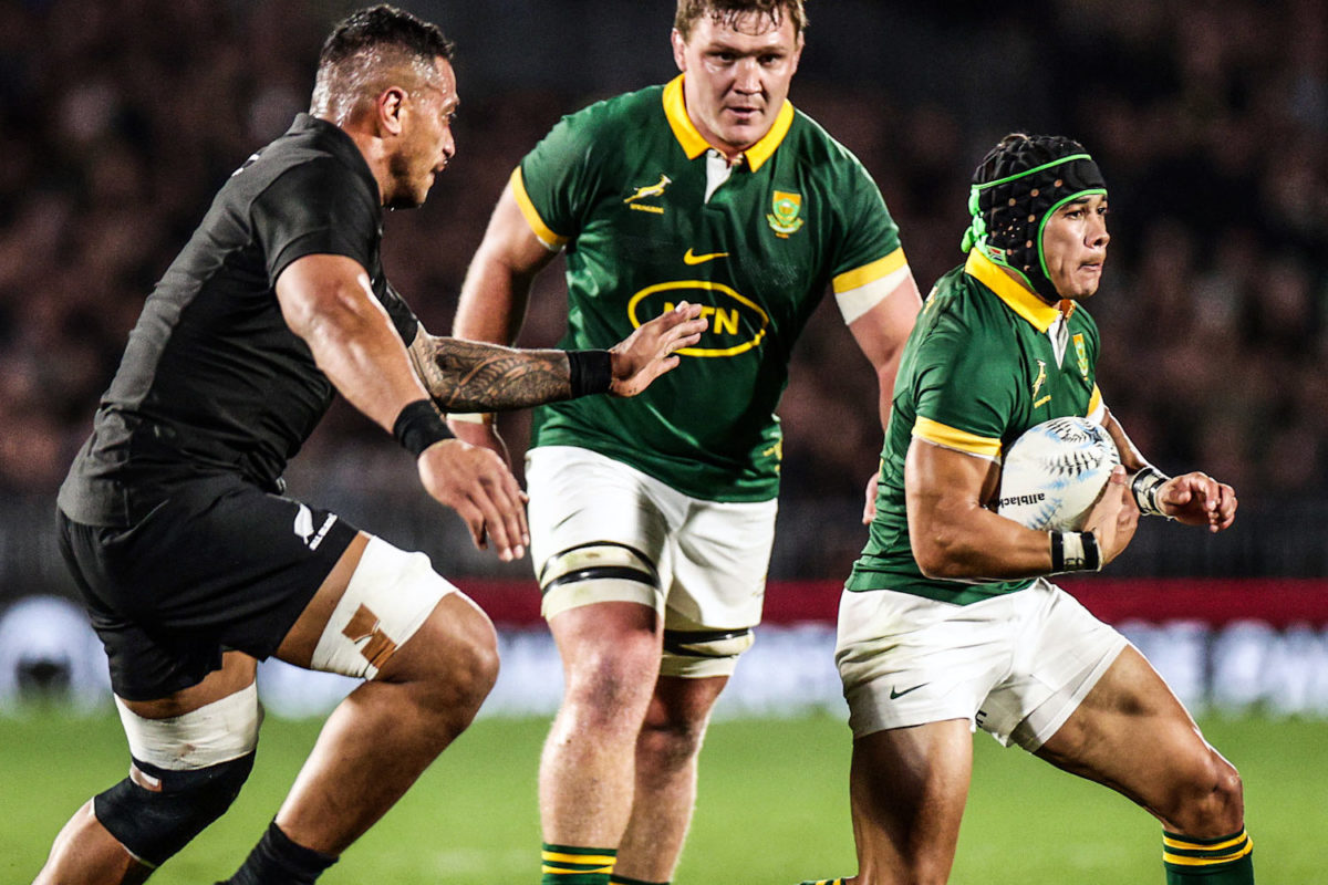 AUCKLAND, NEW ZEALAND - JULY 15: Cheslin Kolbe of South Africa makes a run during The Rugby Championship match between the New Zealand All Blacks and South Africa Springboks at Mt Smart Stadium on July 15, 2023 in Auckland, New Zealand. (Photo by Dave Rowland/Getty Images)