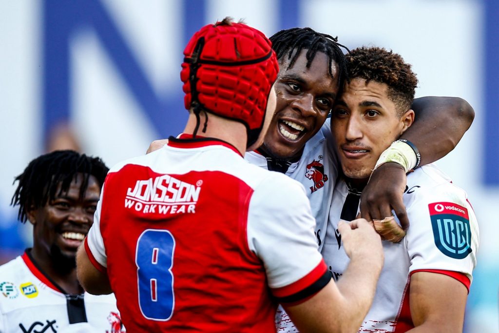 (13547472ab) Emirates Lions vs DHL Stormers . Emirates Lion's Emmanuel Tshituka and Jordan Hendrikse after scoring a try BKT United Rugby Championship, Emirates Airlines Park, Johannesburg, South Africa - 29 Oct 2022