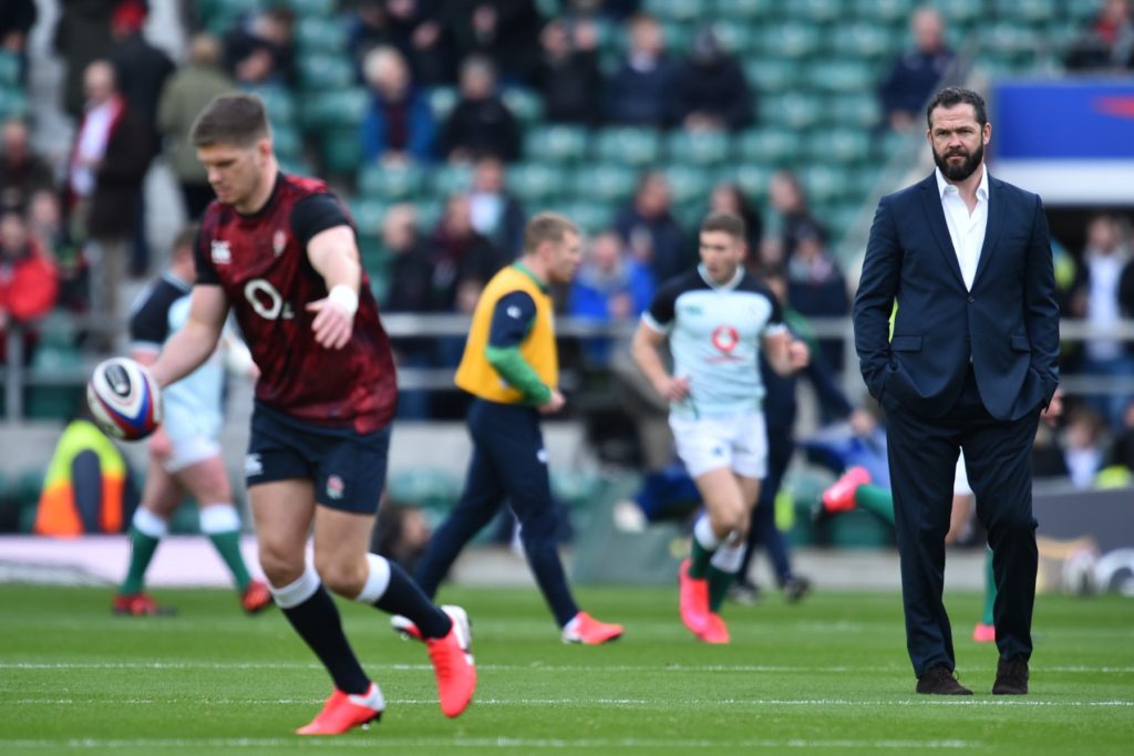 Ireland's head coach Andy Farrell (R) watches his son England's centre Owen Farrell (L) warm up ahead of the Six Nations international rugby union match between England and Ireland at the Twickenham, west London, on February 23, 2020
