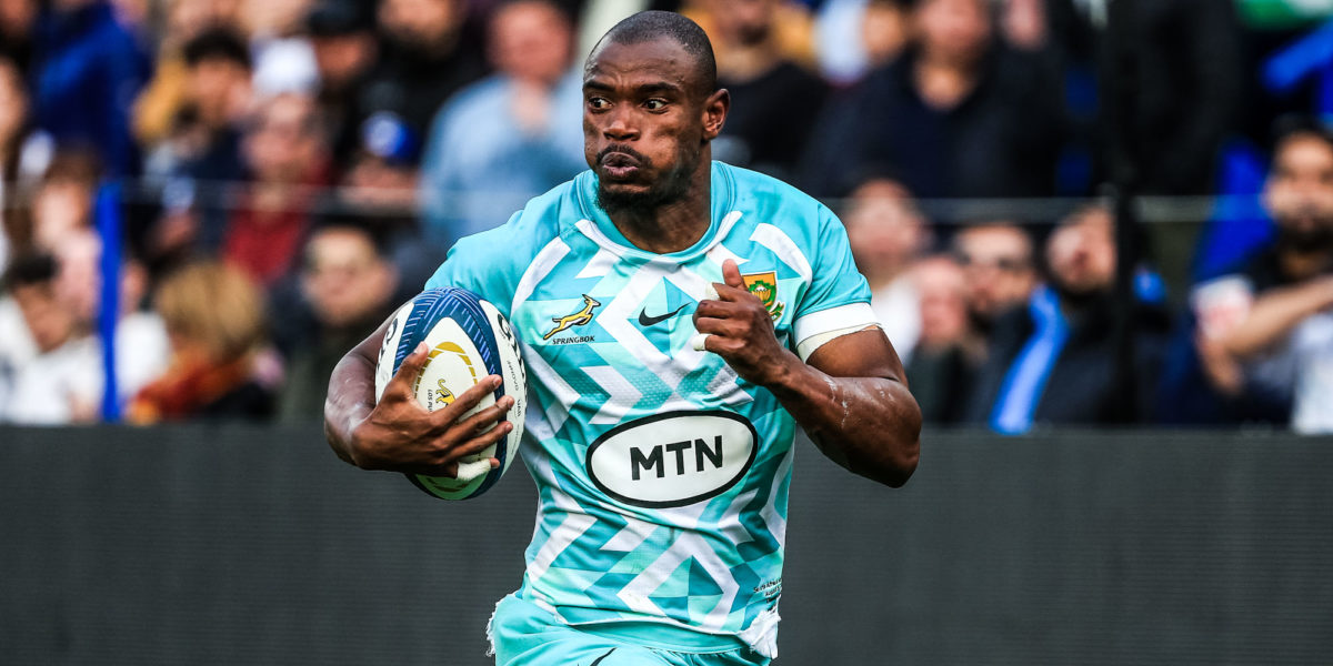 BUENOS AIRES, ARGENTINA - AUGUST 05: Makazole Mapimpi of South Africa runs with the ball during the Rugby World Cup 2023 warm up match between Argentina and South Africa at Jose Amalfitani Stadium on August 05, 2023 in Buenos Aires, Argentina. (Photo by Juan Jose Gasparini/Gallo Images)
