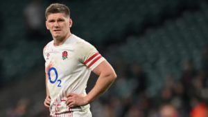 England's centre Owen Farrell reacts at the end of the Six Nations international rugby union match between England and Scotland at Twickenham Stadium, west London, on February 4, 2023. - Scotland won 29 - 23 against England. (