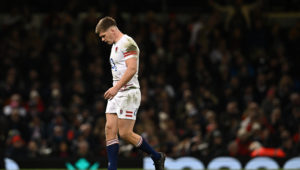 England's flyhalf Owen Farrell leaves the pitch after the Six Nations international rugby union match between Wales and England at the Principality Stadium in Cardiff, south Wales, on February 25, 2023.