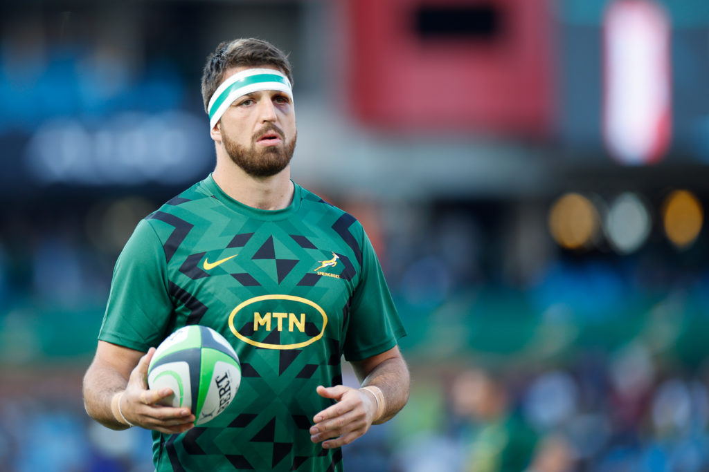 South Africa's lock Jean Kleyn warms up prior to the Rugby Championship first round match between South Africa and Australia at Loftus Versfeld stadium in Pretoria on July 8, 2023.