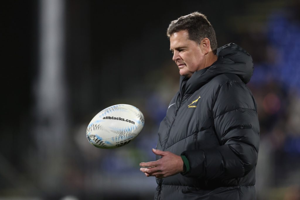 Rassie Erasmus coach of South Africa waits for the start of the Rugby Championship test match between New Zealand and South Africa played at Mt Smart Stadium in Auckland on July 15, 2023.
