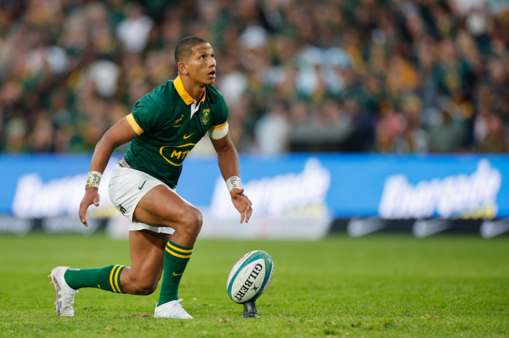 South Africa's flyhalf Manie Libbok prepares to kick the ball to convert a point during the Rugby Championship final-round match between South Africa and Argentina at Ellis Park in Johannesburg on July 29, 2023.