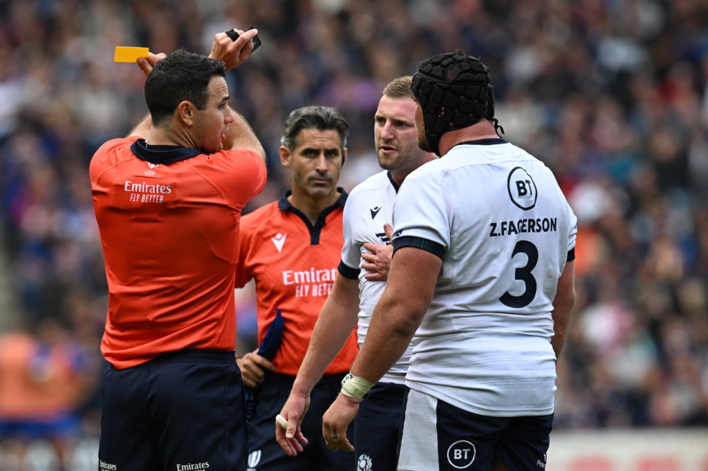 Referee gives a yellow card tp Scotland's prop Zander Fagerson during the Pre-World Cup Friendly Rugby Union match between Scotland and France at Murrayfield Stadium in Edinburgh, Scotland, on August 5, 2023.