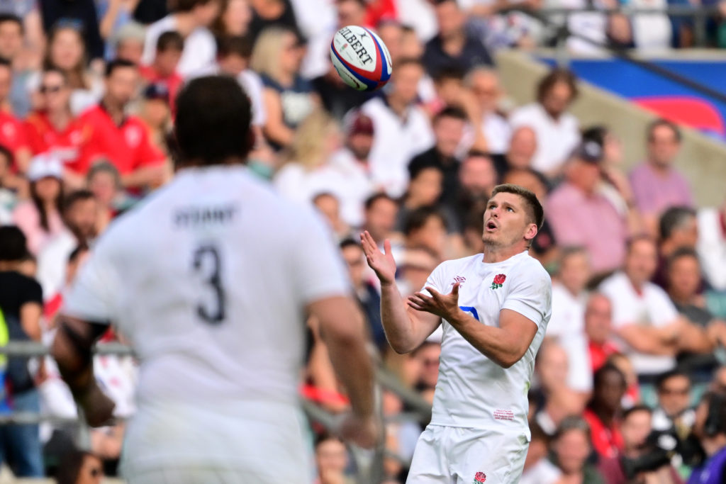 England's fly-half Owen Farrell catches a high ball during the Summer Series international rugby union match between England and Wales at Twickenham Stadium, south-west London, on August 12, 2023.