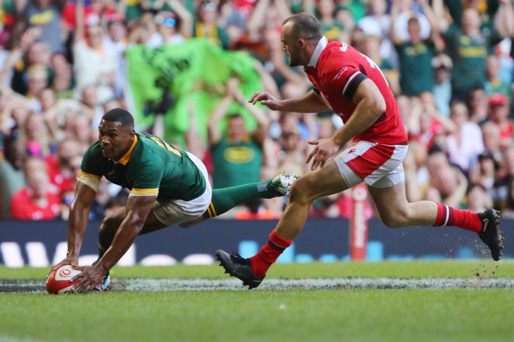 South Africa's Damian Willemse scores a try during the pre-World Cup Rugby Union match between Wales and South Africa at Principality Stadium in Cardiff, Wales, on August 19, 2023.