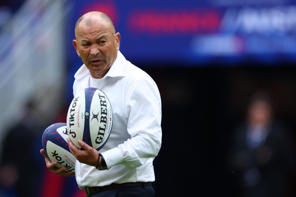 Australia's head coach Eddie Jones watches his players as they warm up ahead of the pre-World Cup rugby union international Test match between France and Australia at Stade de France in Saint- Denis, on the outskirts of Paris on August 27, 2023.