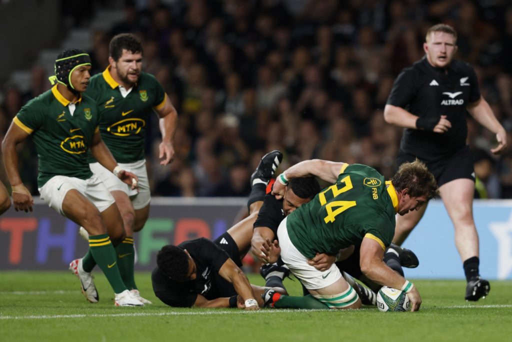 South Africa's flanker Kwagga Smith scores a try during the pre-World Cup Rugby Union match between New Zealand and South Africa at Twickenham Stadium in west London, on August 25, 2023.