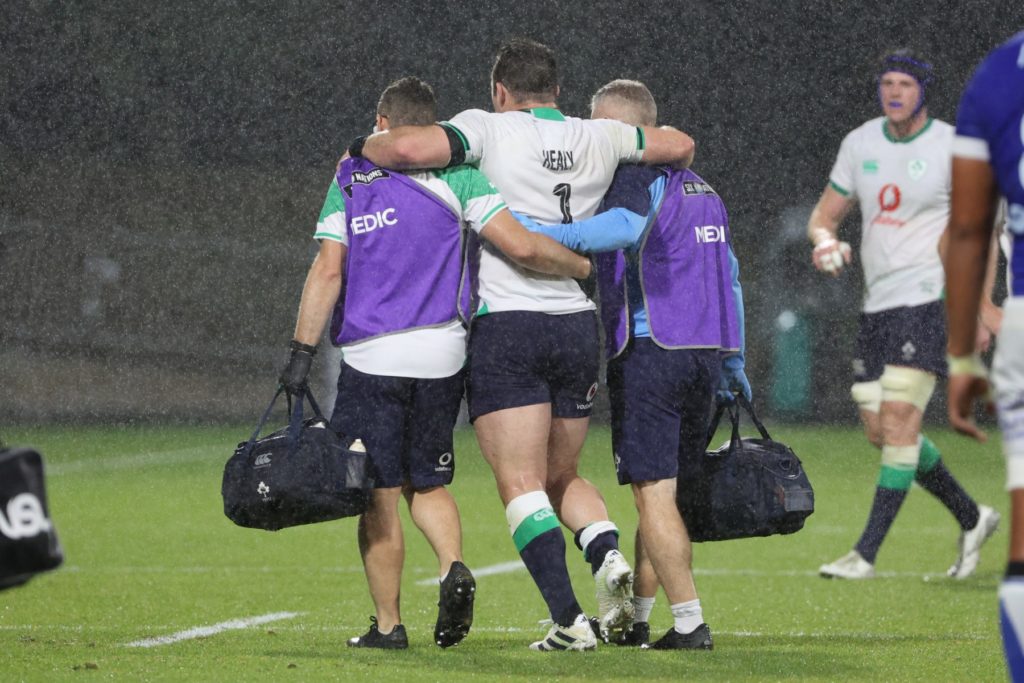 Ireland's prop Cian Healy leaves the pitch after getting injured during the pre-World Cup rugby union test match between Ireland and Samoa on August 26, 2023 at Jean-Dauger stadium in Bayonne.