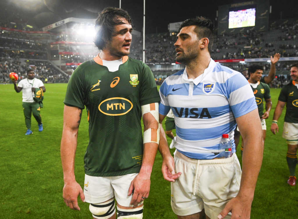 Franco Mostert of South Africa and Damian de Allende of South Africa during the 2022 Castle Lager Rugby Championship match between South Africa and Argentina held at Kings Park in Durban on 24 September 2022