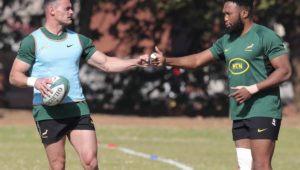 Jesse Kriel and Lukhanyo Am during Springbok training
