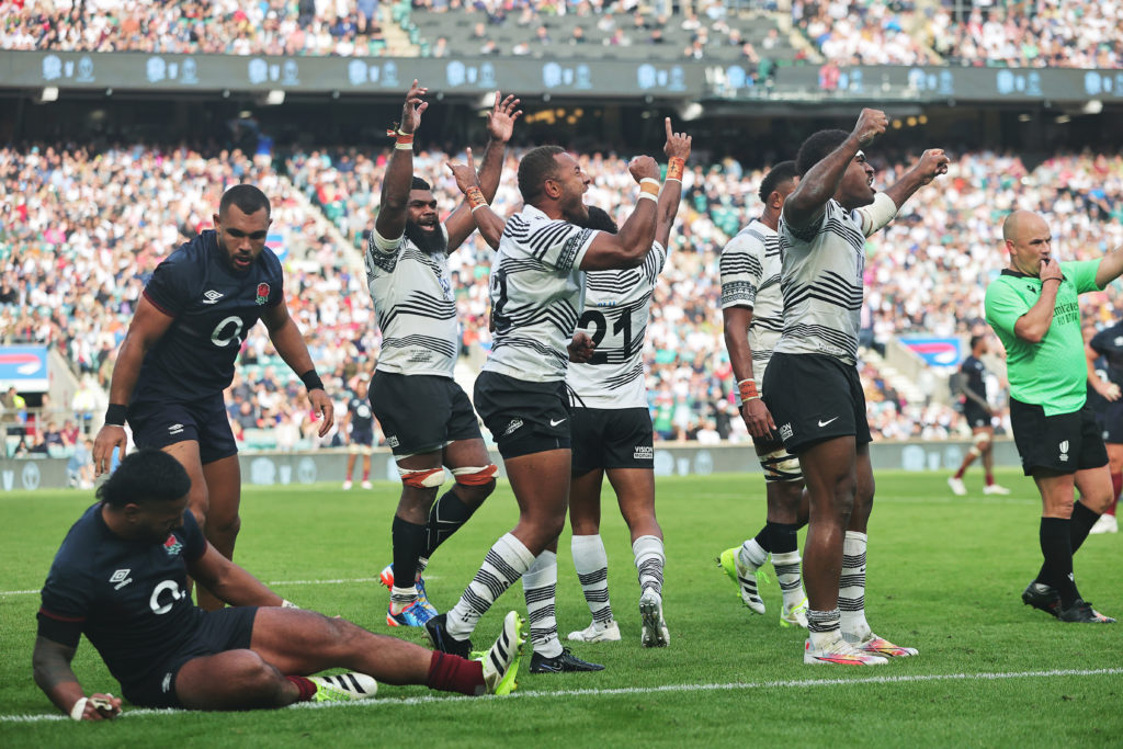 LONDON, ENGLAND - AUGUST 26: Fiji players celebrate victory following the Summer International match between England and Fiji at Twickenham Stadium on August 26, 2023 in London, England.