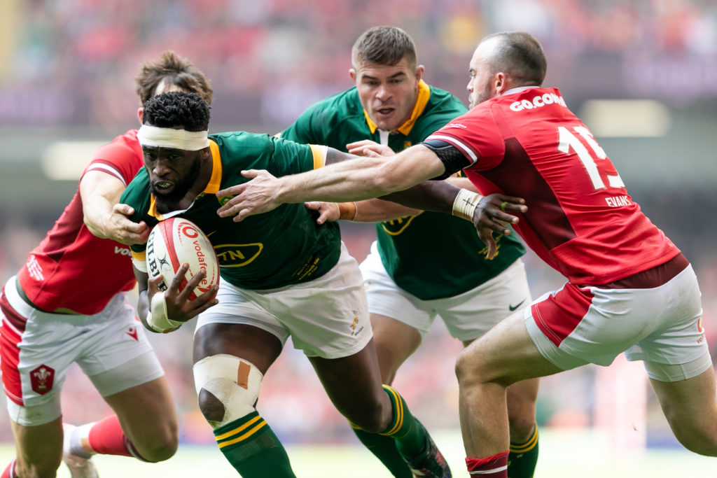 CARDIFF, WALES - AUGUST 19: Siya Kolisi of South Africa in action during the Rugby World Cup 2023 warm up match between Wales and South Africa at Principality Stadium on August 19, 2023 in Cardiff, Wales.
