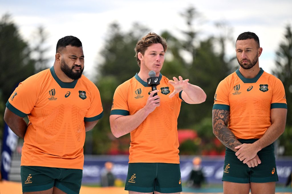Taniela Tupou, Michael Hooper and Quade Cooper at a launch event of the Wallabies 2023 World Cup jersey Photo: Saeed Khan/AFP