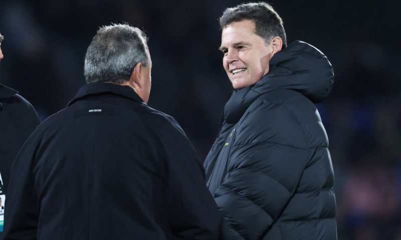 Ian Foster coach of New Zealand (L) and Rassie Erasmus coach of South Africa chat duringg the Rugby Championship test match between New Zealand and South Africa played at Mt Smart Stadium in Auckland on July 15, 2023.