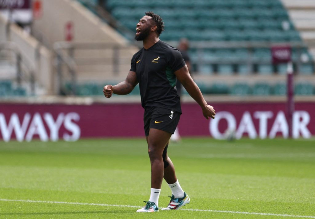 South Africa's captain Siya Kolisi takes part in a captain's run at Twickenham Stadium, southwest of London, on August 24, 2023 on the eve of their 2023 World Cup warm-up rugby union match against New Zealand.