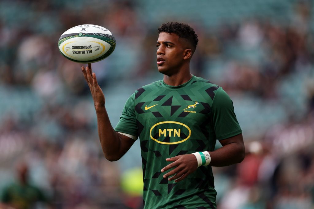 South Africa's centre Canan Moodie warms up ahead of the pre-World Cup Rugby Union match between New Zealand and South Africa at Twickenham Stadium in west London, on August 25, 2023.