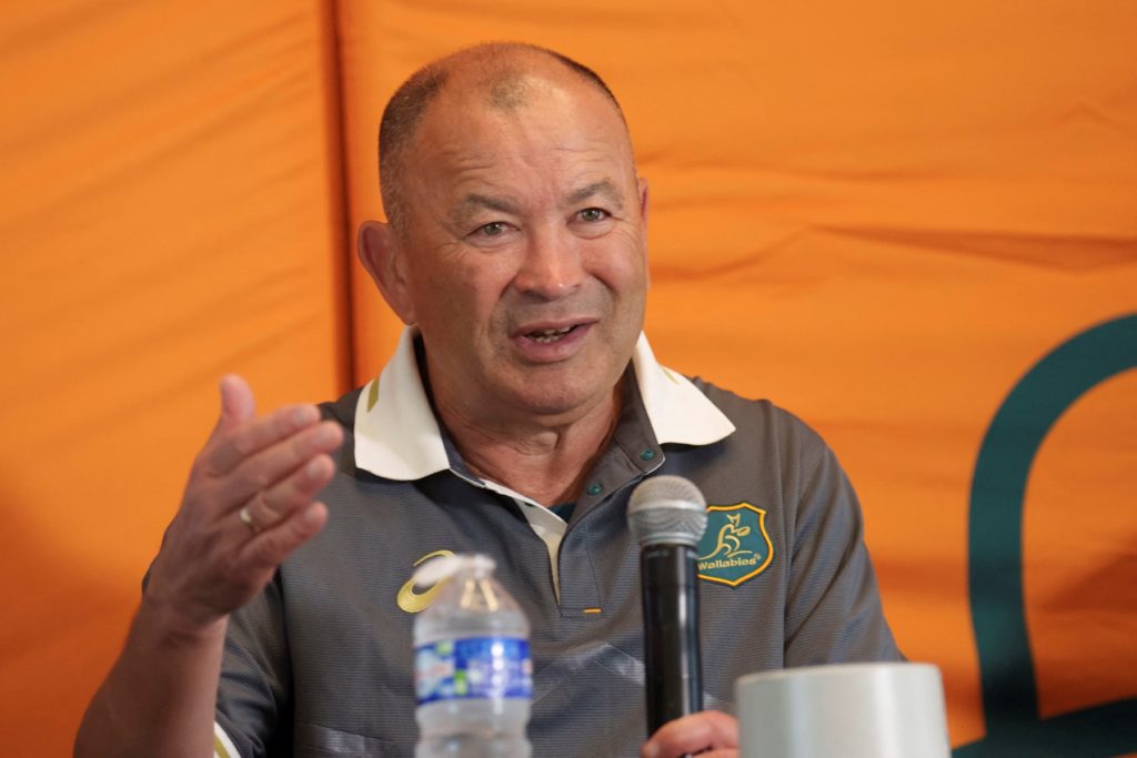 Australia's head coach Eddie Jones talks to the media during a press conference at the Roger Baudras Stadium in Andrezieux Boutheon on August 31, 2023 ahead of the France 2023 Rugby World Cup.