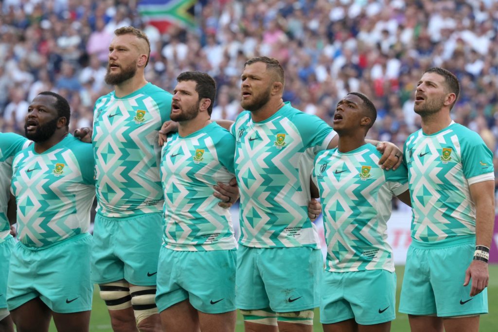 South Africa's players line up for the playing of the national anthems ahead of the France 2023 Rugby World Cup Pool B match between South Africa and Scotland at the Velodrome Stadium in Marseille, southern France on September 10, 2023.