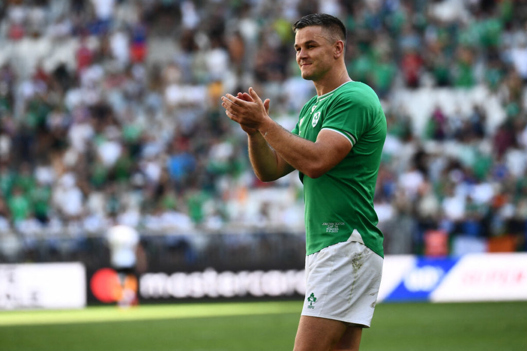 Ireland's fly-half and captain Jonathan Sexton applauds supporters after victory in the France 2023 Rugby World Cup Pool B match between Ireland and Romania at Stade de Bordeaux in Bordeaux, south-western France on September 9, 2023.