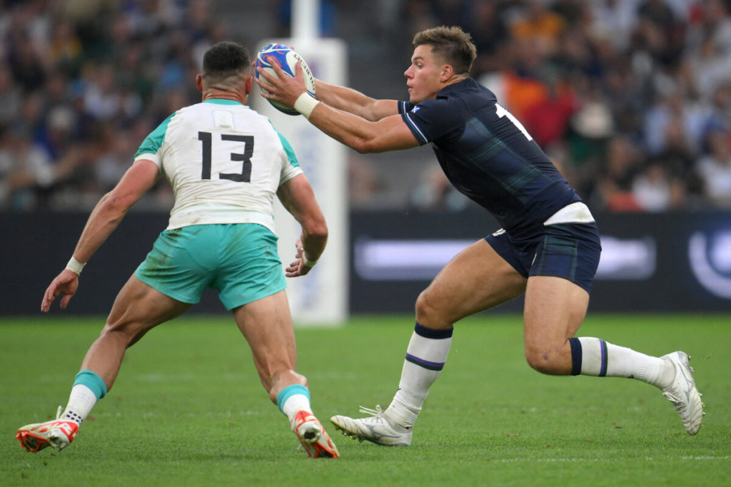 Scotland's outside centre Huw Jones (R) catches the ball in front of South Africa's centre Jesse Kriel during the France 2023 Rugby World Cup Pool B match between South Africa and Scotland at Stade de Marseille in Marseille, southern France on September 10, 2023.