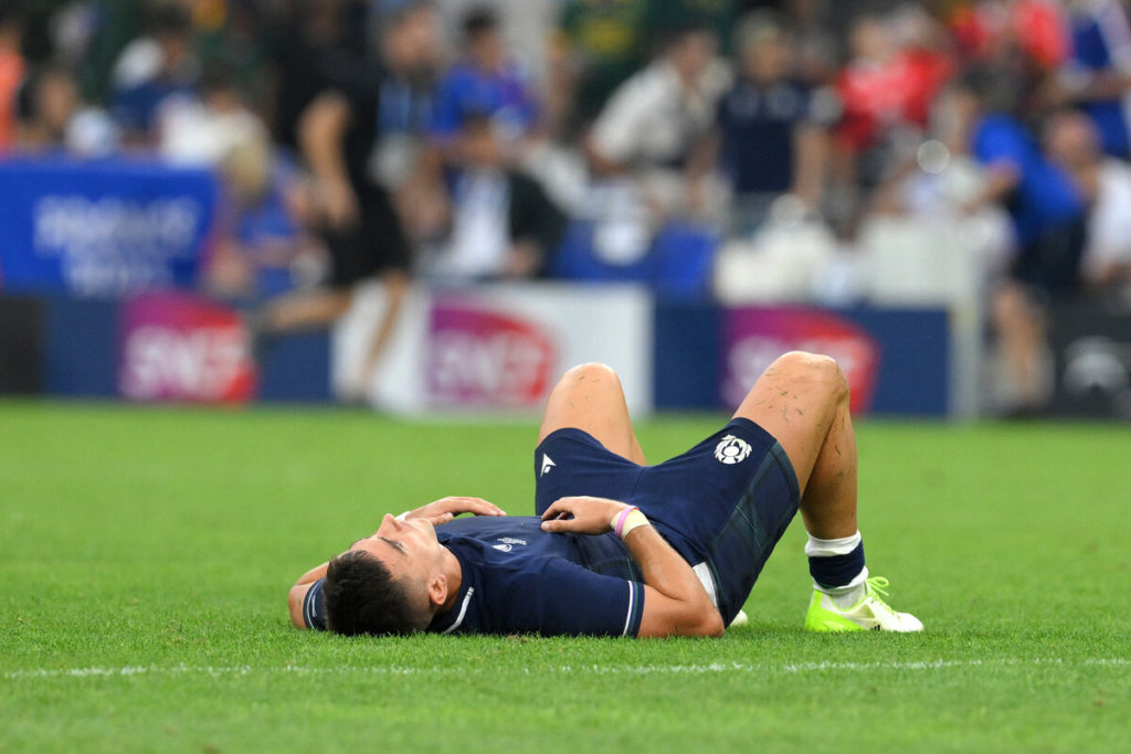 Scotland's inside centre Cameron Redpath reacts after defeat in the France 2023 Rugby World Cup Pool B match between South Africa and Scotland at Stade de Marseille in Marseille, southern France on September 10, 2023.