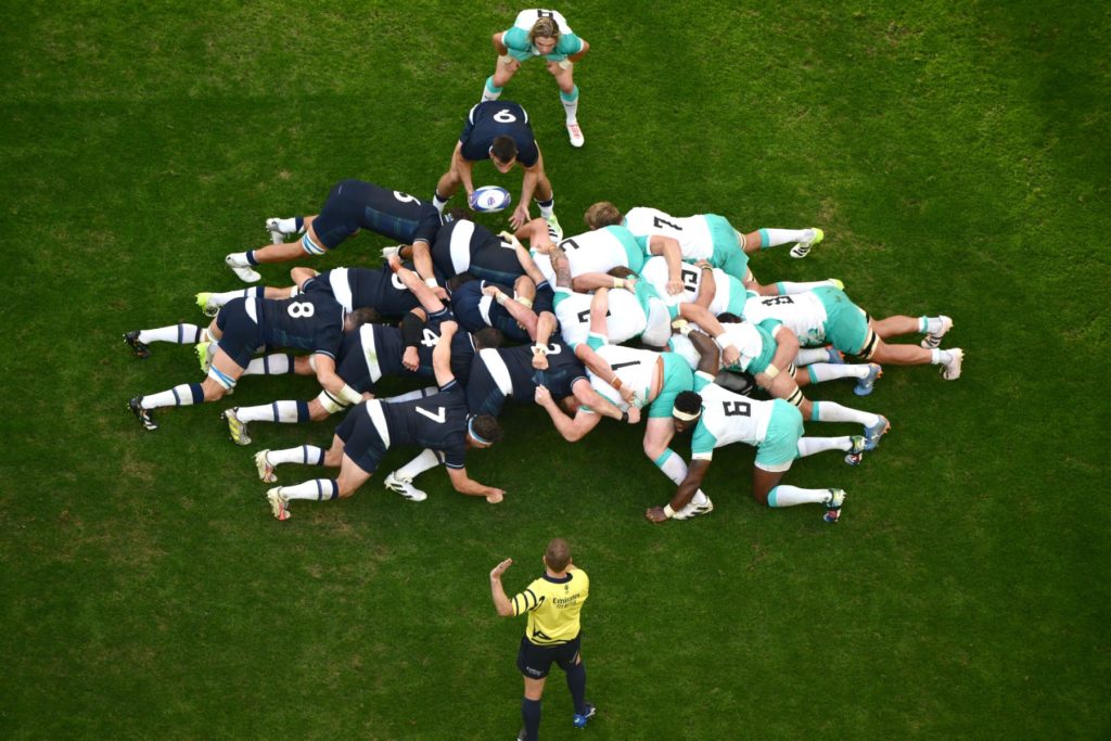 South Africa's scrum-half Faf de Klerk (TOP) watches as Scotland's scrum-half Ben White puts the ball into a scrum during the France 2023 Rugby World Cup Pool B match between South Africa and Scotland at the Velodrome Stadium in Marseille, southern France on September 10, 2023.