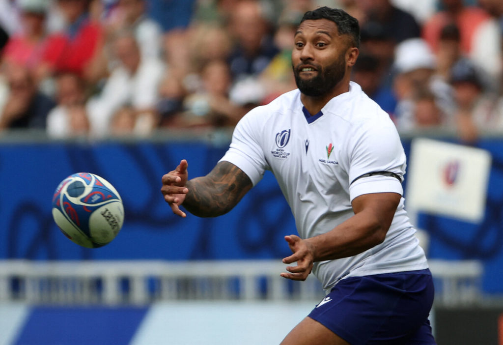 Samoa's lock Lima Sopoaga passes the ball during the France 2023 Rugby World Cup Pool D match between Samoa and Chile at Stade de Bordeaux in Bordeaux, south-western France on September 16, 2023.