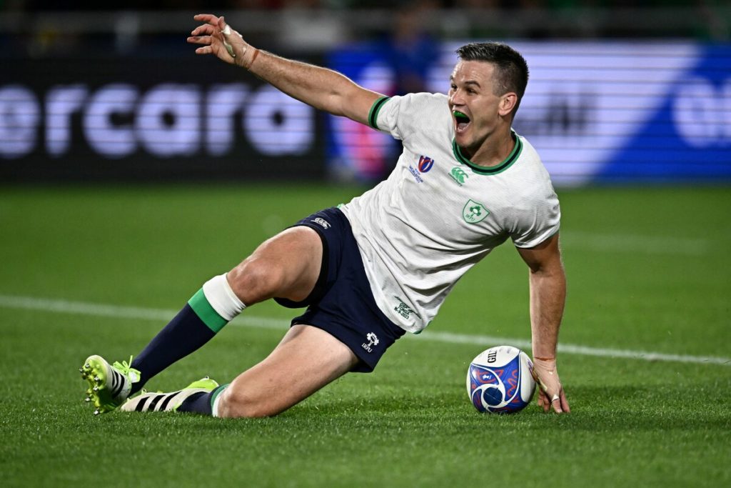 Ireland's fly-half Jonathan Sexton celebrates after scoring a try during the 2023 Rugby World Cup Pool B match between Ireland and Tonga at the Stade de la Beaujoire in Nantes, western France on September 16, 2023.