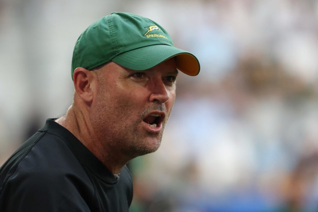 South Africa's head coach Jacques Nienaber gives instructions to his players ahead of the France 2023 Rugby World Cup Pool B match between South Africa and Romania at Stade de Bordeaux in Bordeaux, south-western France on September 17, 2023.