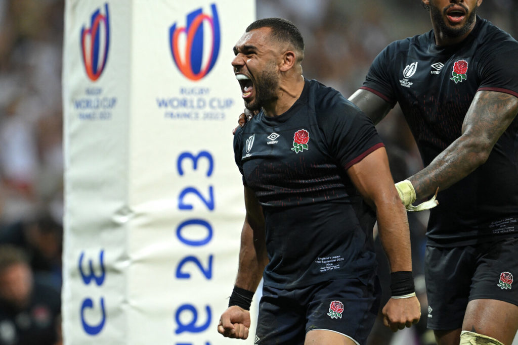 England's outside centre Joe Marchant celebrates after scoring a try during the France 2023 Rugby World Cup Pool D match between England and Japan at Stade de Nice in Nice, southern France on September 17, 2023.
